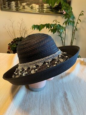 Elegant Black Women's Wide-Brim Hat with Silver Beaded Coin Trim
